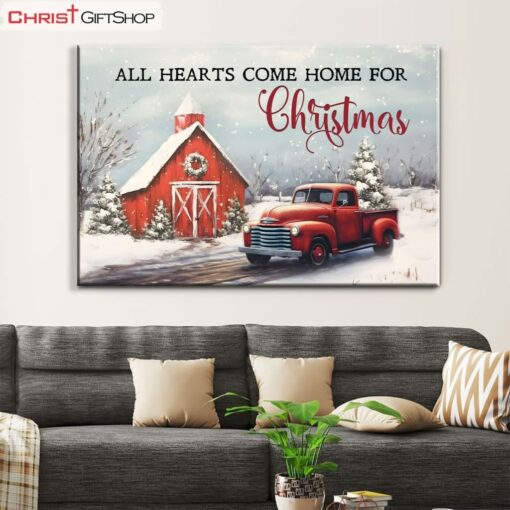 All Hearts Come Home For Christmas, Red Barn And Car, Christmas Tree Wall Art