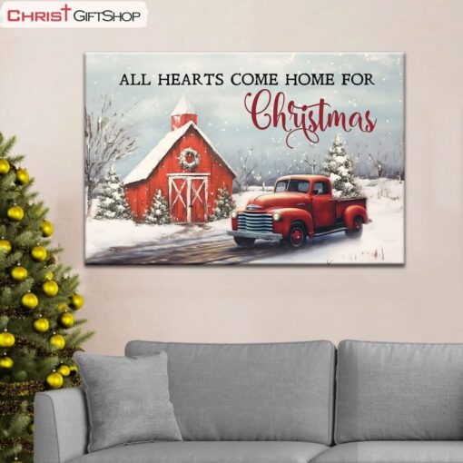 All Hearts Come Home For Christmas, Red Barn And Car, Christmas Tree Wall Art