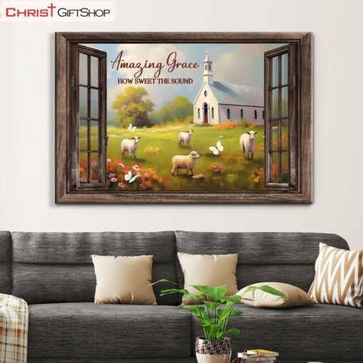 Amazing Grace How Sweet The Sound, Sheep, Church In Field Wall Art