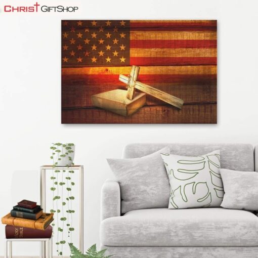 American Flag Cross With Holy Bible Book Wall Art Canvas