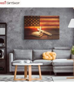 American Flag Cross With Holy Bible Book Wall Art Canvas