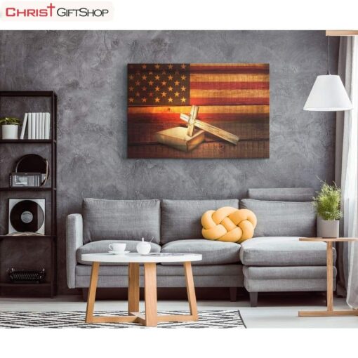 American Flag Cross With Holy Bible Book Wall Art Canvas