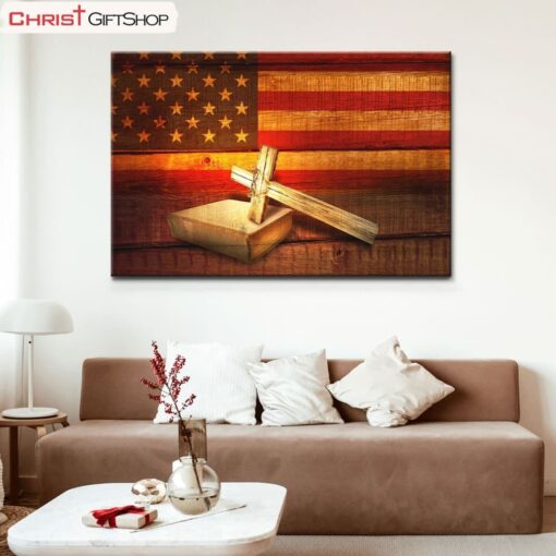 American Flag Cross With Holy Bible Book Wall Art Canvas