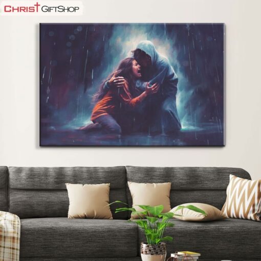 Christian Art Jesus Holds A Woman In The Storm Wall Art Canvas