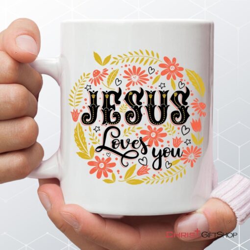 Christian Coffee Mug, Jesus Loves You Floral