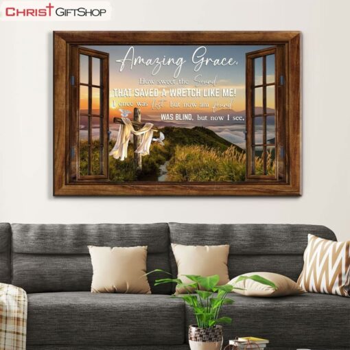 Christian Wall Art Amazing Grace How Sweet The Sound Cross Mountain Poster, Canvas Print