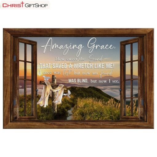 Christian Wall Art Amazing Grace How Sweet The Sound Cross Mountain Poster, Canvas Print