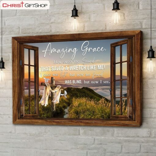 Christian Wall Art Amazing Grace How Sweet The Sound Cross Mountain Poster, Canvas Print