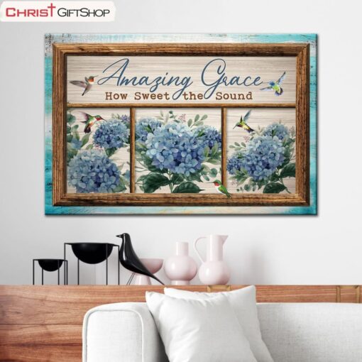 Christian Wall Art Amazing Grace How Sweet The Sound Hummingbird Hydrangea Canvas Art