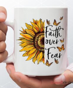 Faith Over Fear, Sunflower, Butterfly, Christian Coffee Mug