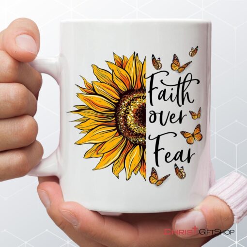 Faith Over Fear, Sunflower, Butterfly, Christian Coffee Mug