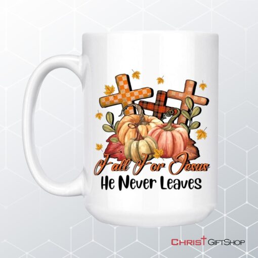 Fall For Jesus He Never Leaves Pumpkin Cross Coffee Mug