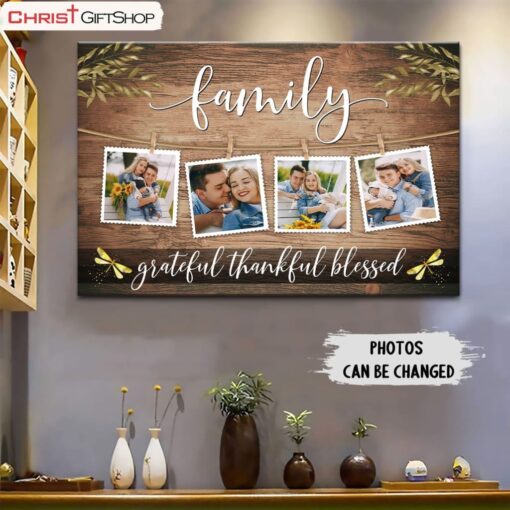 Family Grateful Thankful Blessed Wall Art Canvas, Personalized Custom Christian Wall Decor