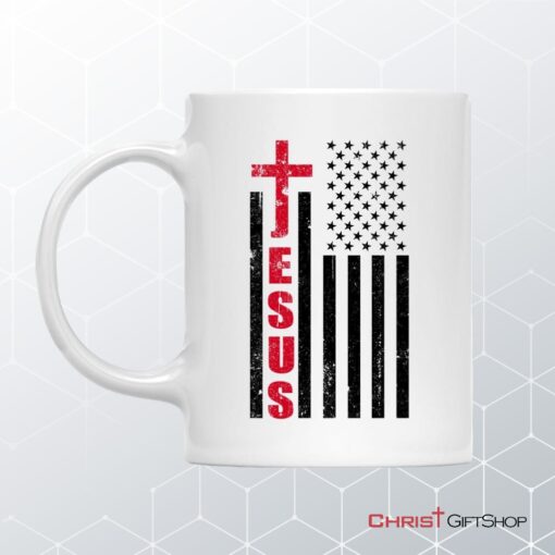 Patriotic Coffee Mug Jesus Word Cross With American Flag