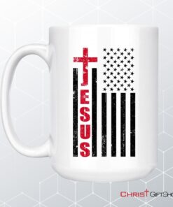 Patriotic Coffee Mug Jesus Word Cross With American Flag