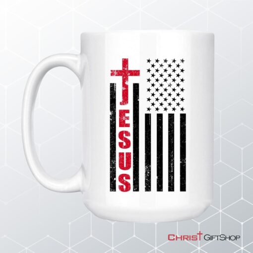 Patriotic Coffee Mug Jesus Word Cross With American Flag