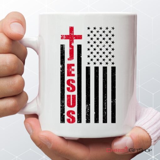 Patriotic Coffee Mug Jesus Word Cross With American Flag