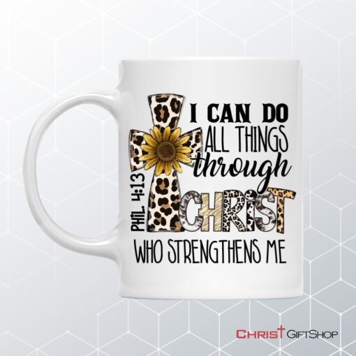 Philippians 413 I Can Do All Things Through Christ, Leopard Cross, Coffee Mug