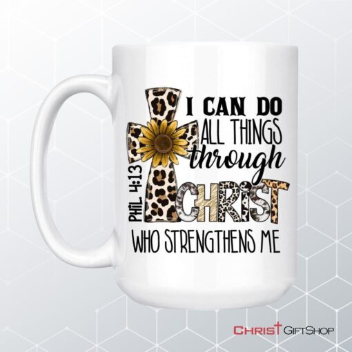 Philippians 413 I Can Do All Things Through Christ, Leopard Cross, Coffee Mug