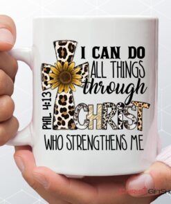 Philippians 413 I Can Do All Things Through Christ, Leopard Cross, Coffee Mug