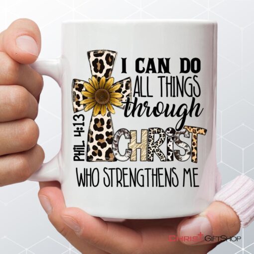 Philippians 413 I Can Do All Things Through Christ, Leopard Cross, Coffee Mug