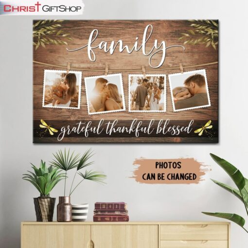 Family Grateful Thankful Blessed Wall Art Canvas, Personalized Custom Christian Wall Decor