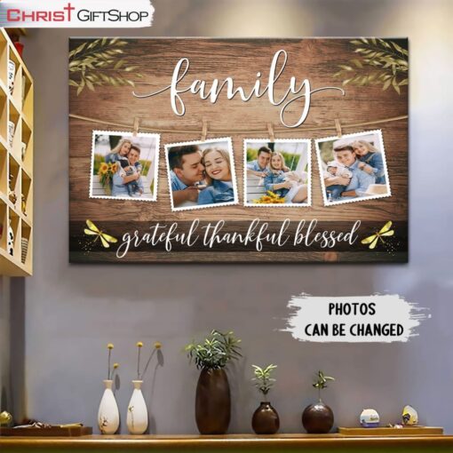 Family Grateful Thankful Blessed Wall Art Canvas, Personalized Custom Christian Wall Decor