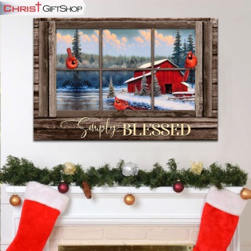 Farmhouse Red Cardinal, Simply Blessed Christmas Wall Art Canvas