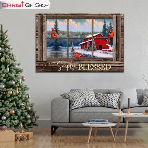 Farmhouse Red Cardinal, Simply Blessed Christmas Wall Art Canvas