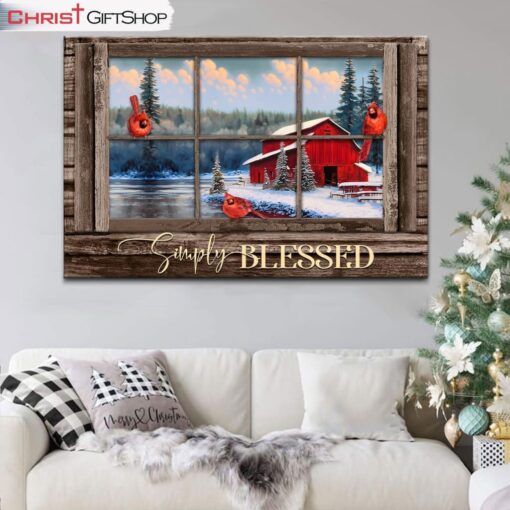 Farmhouse Red Cardinal, Simply Blessed Christmas Wall Art Canvas