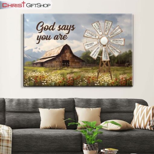 God Says You Are Canvas Wall Art, Farmhouse Windmill Christian Wall Decor