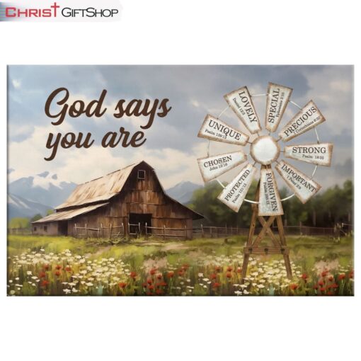 God Says You Are Canvas Wall Art, Farmhouse Windmill Christian Wall Decor