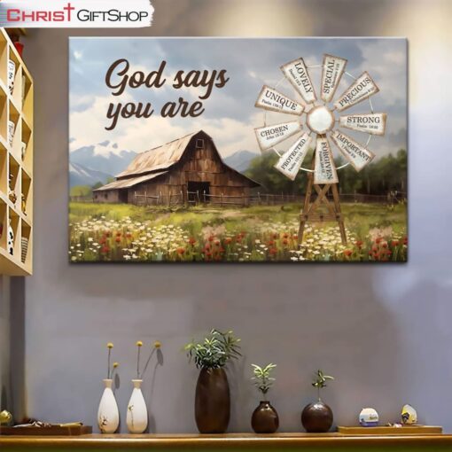 God Says You Are Canvas Wall Art, Farmhouse Windmill Christian Wall Decor