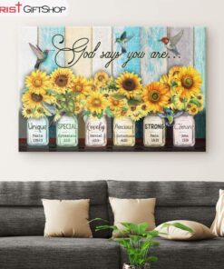 God Says You Are Hummingbird Sunflower Christian Wall Art Canvas and Poster