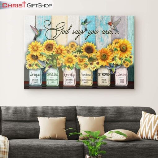 God Says You Are Hummingbird Sunflower Christian Wall Art Canvas and Poster