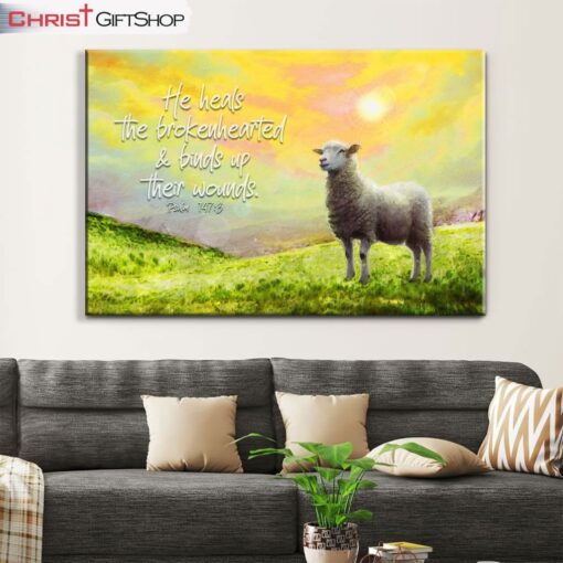 He Heals The Brokenhearted Psalm 1473, Sheep Wall Art (Canvas and Poster )