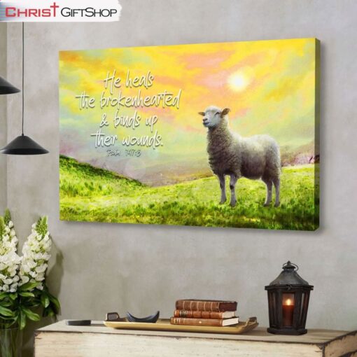 He Heals The Brokenhearted Psalm 1473, Sheep Wall Art (Canvas and Poster )