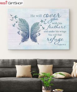 He Will Cover You With His Feathers Psalm 914 Bible Verse Wall Art Canvas