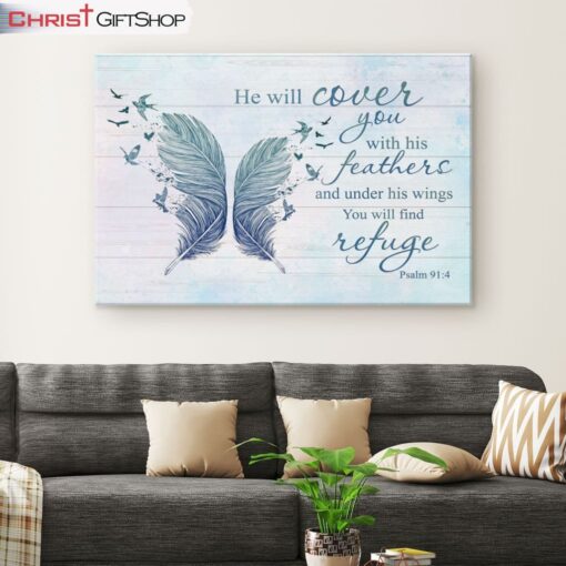 He Will Cover You With His Feathers Psalm 914 Bible Verse Wall Art Canvas