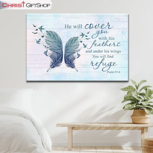 He Will Cover You With His Feathers Psalm 914 Bible Verse Wall Art Canvas