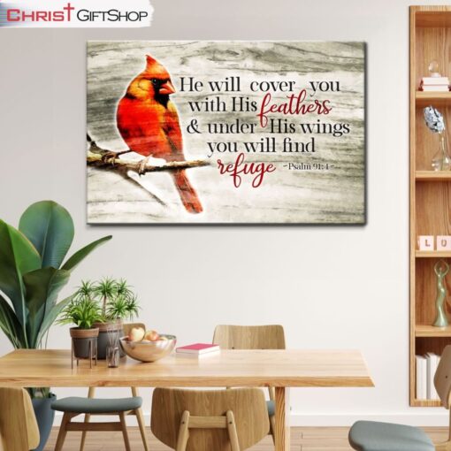 He Will Cover You With His Feathers Psalm 914, Cardinal Bird Wall Art (Canvas and Poster )