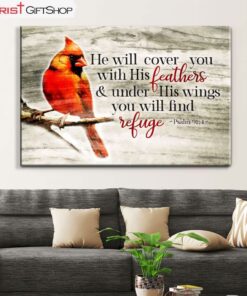 He Will Cover You With His Feathers Psalm 914, Cardinal Bird Wall Art (Canvas and Poster )