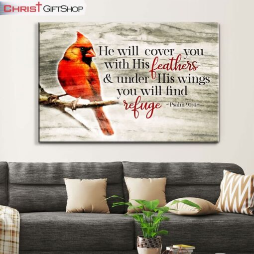 He Will Cover You With His Feathers Psalm 914, Cardinal Bird Wall Art (Canvas and Poster )