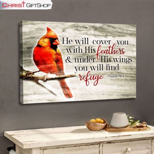 He Will Cover You With His Feathers Psalm 914, Cardinal Bird Wall Art (Canvas and Poster )