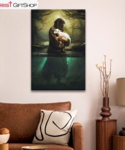 Jesus As Shepherd Carrying Lamb Through The Waters Wall Art Canvas and Poster