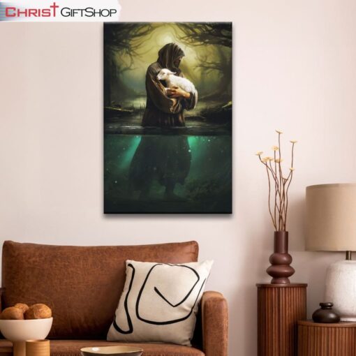 Jesus As Shepherd Carrying Lamb Through The Waters Wall Art Canvas and Poster