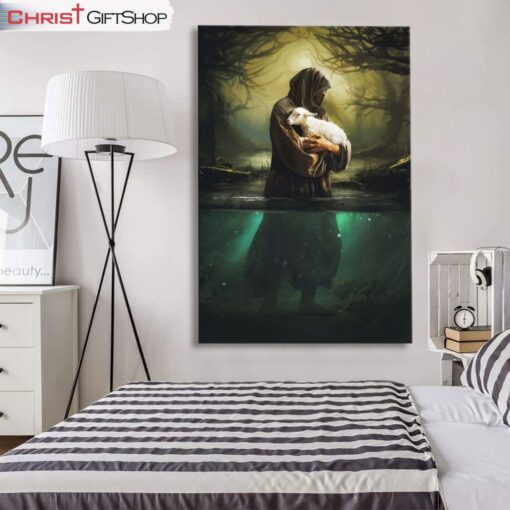 Jesus As Shepherd Carrying Lamb Through The Waters Wall Art Canvas and Poster