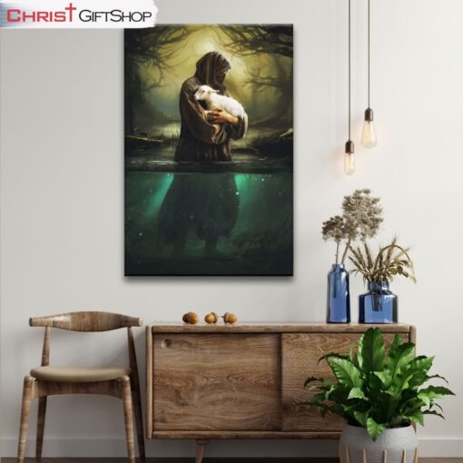 Jesus As Shepherd Carrying Lamb Through The Waters Wall Art Canvas and Poster