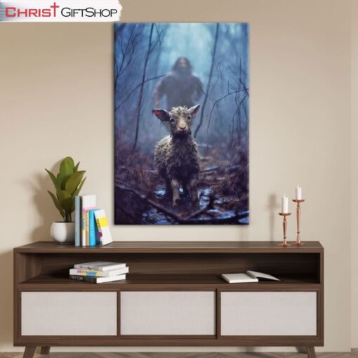 Jesus Running Toward A Lost Lamb In A Dark Rainy Forest Wall Art Canvas