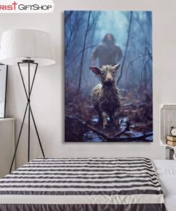 Jesus Running Toward A Lost Lamb In A Dark Rainy Forest Wall Art Canvas